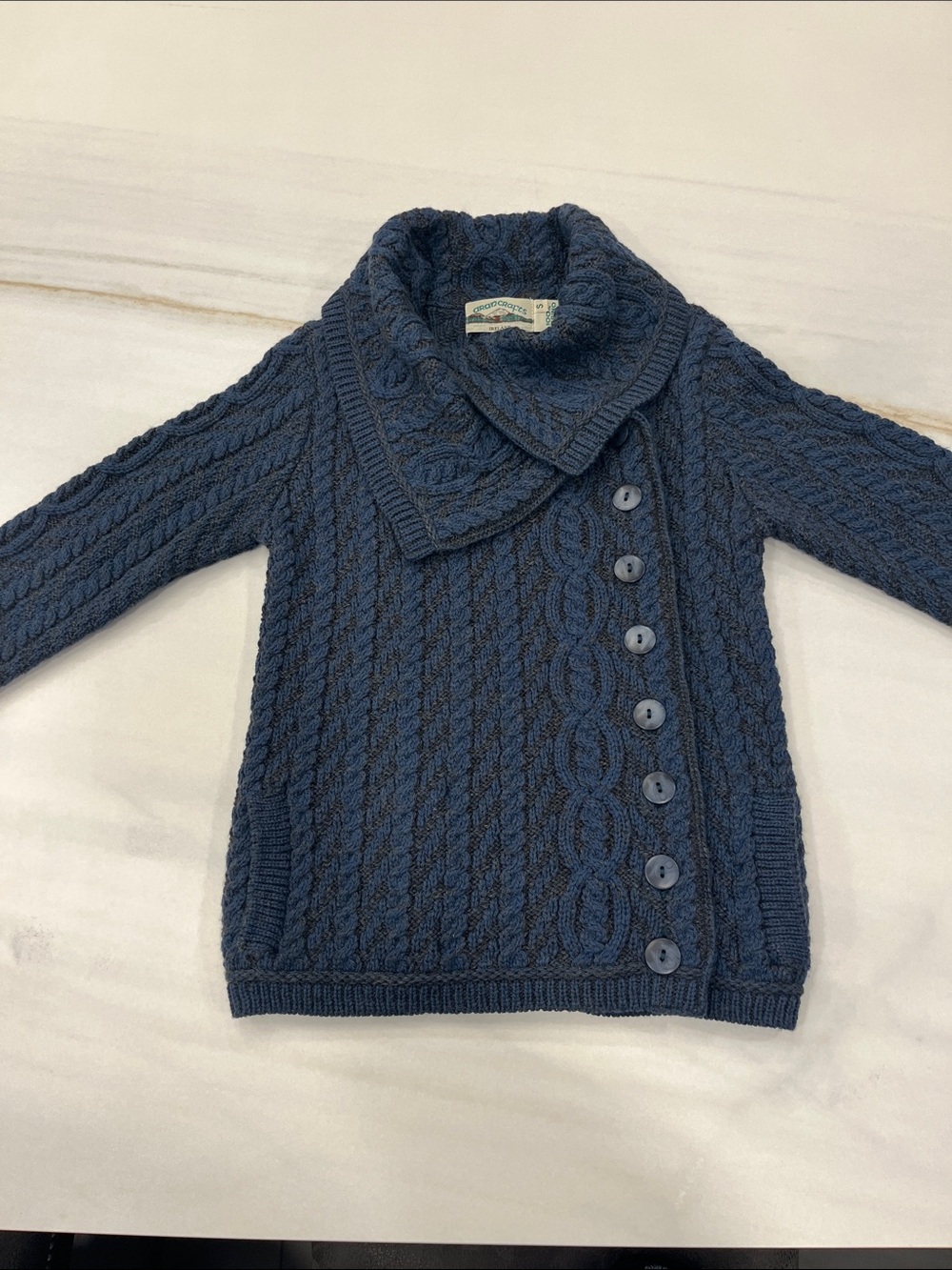 Aran Crafts Navy Cable Knit Shawl Collar Cardigan Sweater
